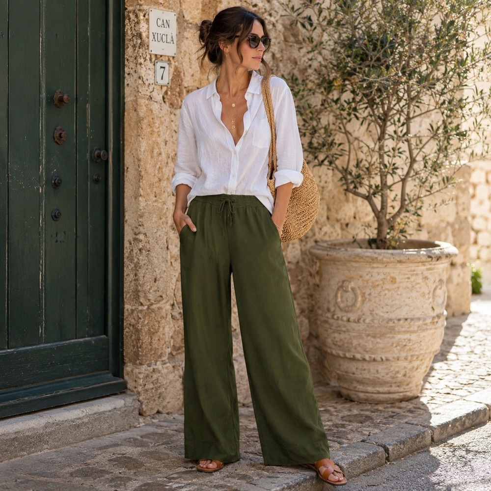 Martina Tossa De Mar Spain Olive Green Wide Leg Drawstring Pants Womens ML